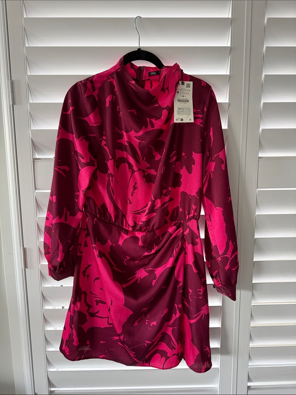 Zara Fuchsia and Burgundy Floral Long-Sleeve Mini Dress